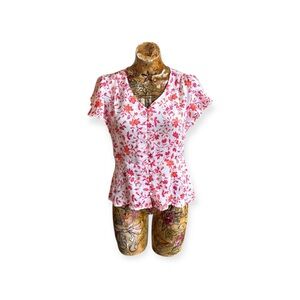 LCW Vision top blouse short sleeve white pink orange floral small